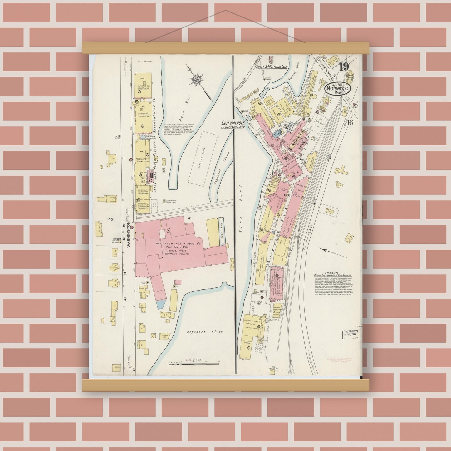 Old map wall art mockup — magnetic wood frame on brick wall — Sanborn Fire Insurance Map from Norwood, Norfolk County, Massachusetts (1915), Sheet #0019