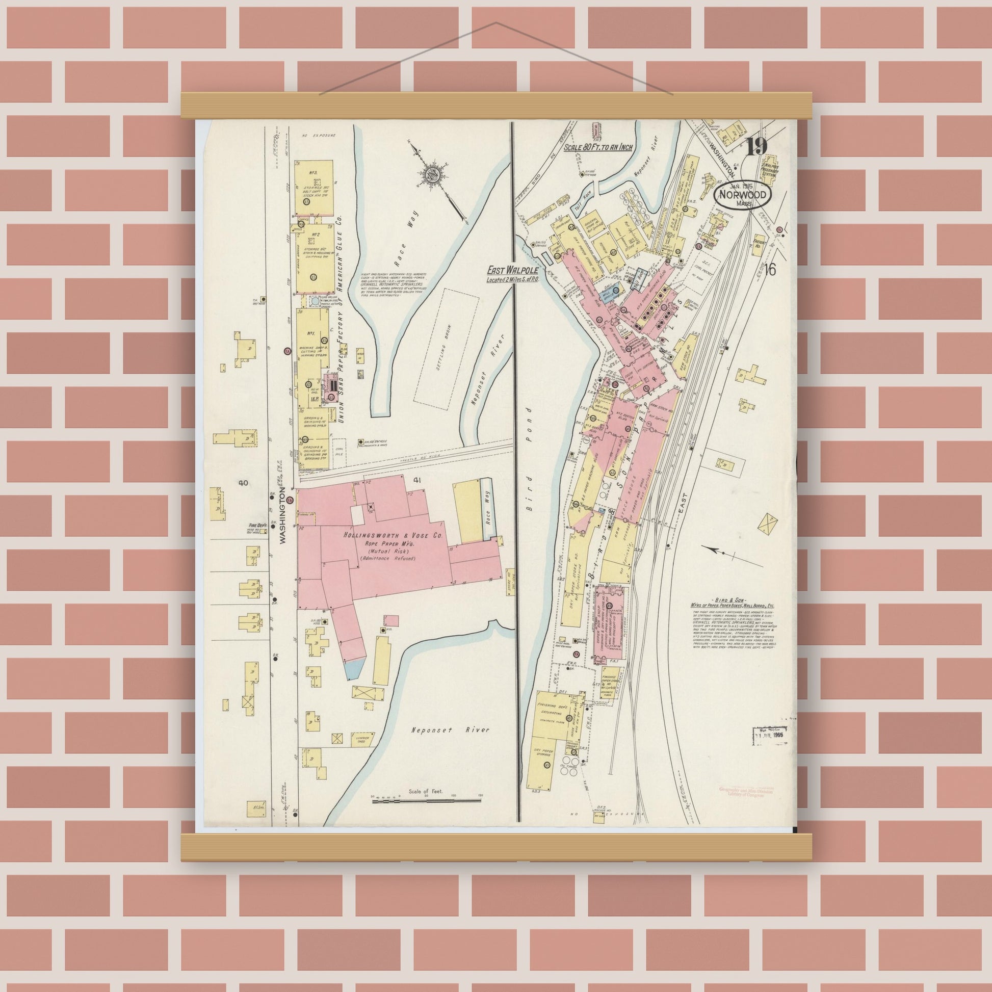 Old map wall art mockup — magnetic wood frame on brick wall — Sanborn Fire Insurance Map from Norwood, Norfolk County, Massachusetts (1915), Sheet #0019