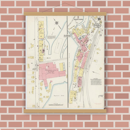 Old map wall art mockup — magnetic wood frame on brick wall — Sanborn Fire Insurance Map from Norwood, Norfolk County, Massachusetts (1915), Sheet #0019