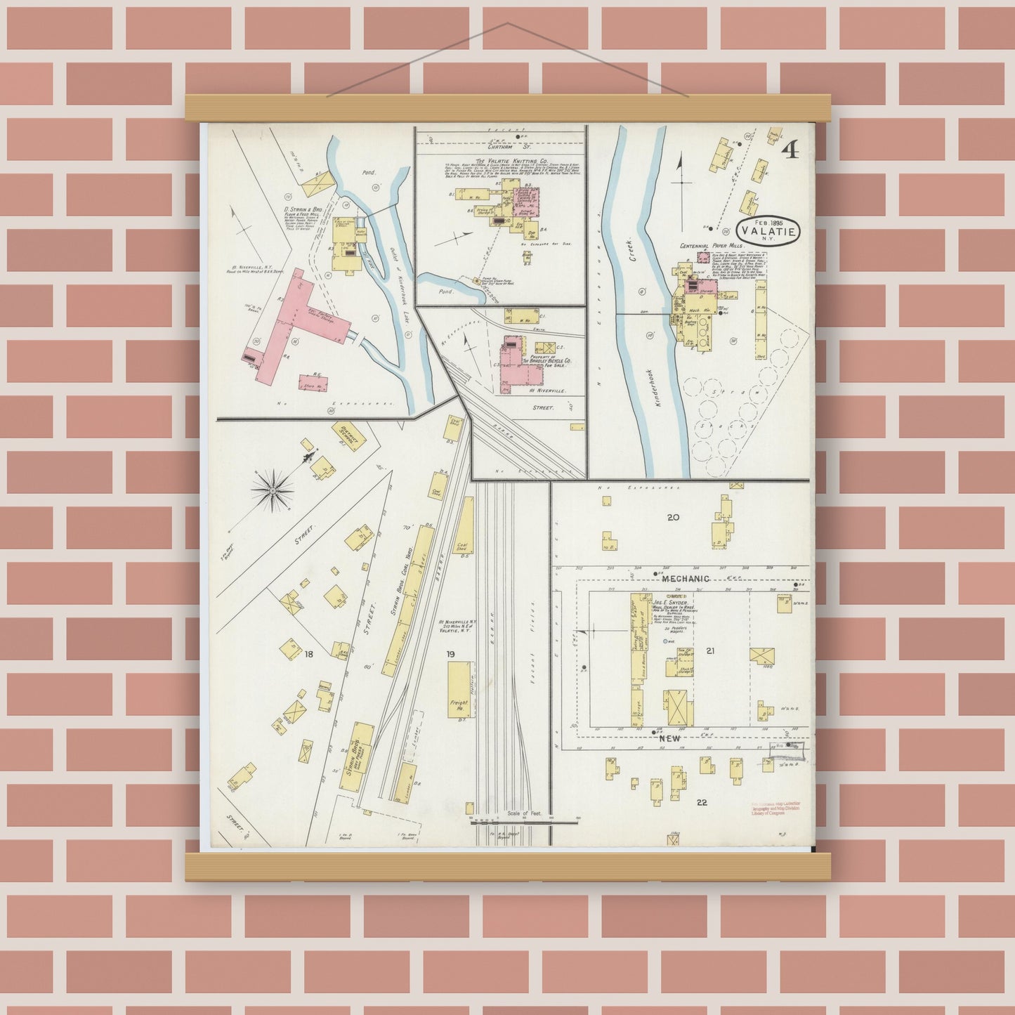 Old map wall art mockup — magnetic wood frame on brick wall — Sanborn Fire Insurance Map from Valatie, Columbia County, New York (1895), Sheet #0004