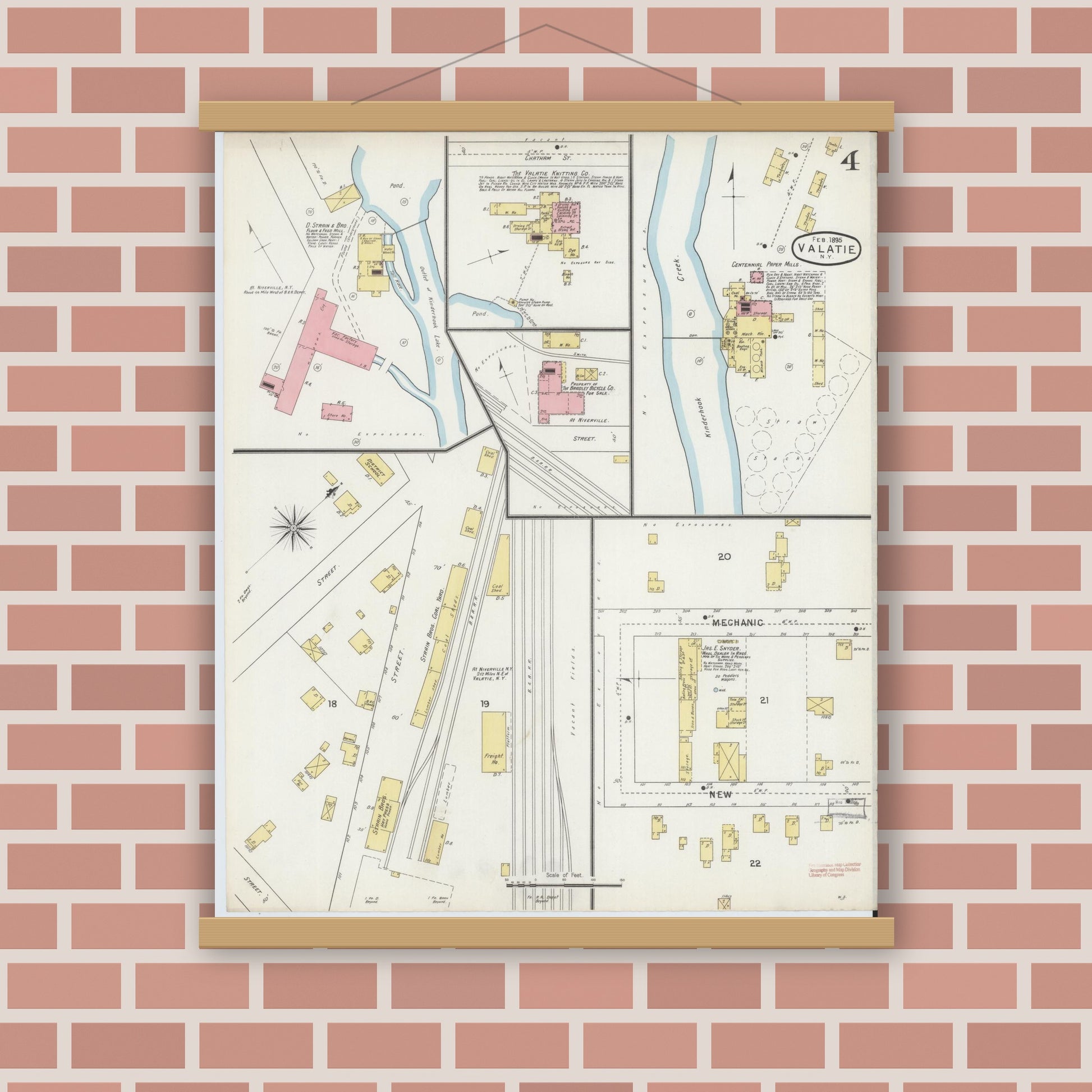 Old map wall art mockup — magnetic wood frame on brick wall — Sanborn Fire Insurance Map from Valatie, Columbia County, New York (1895), Sheet #0004