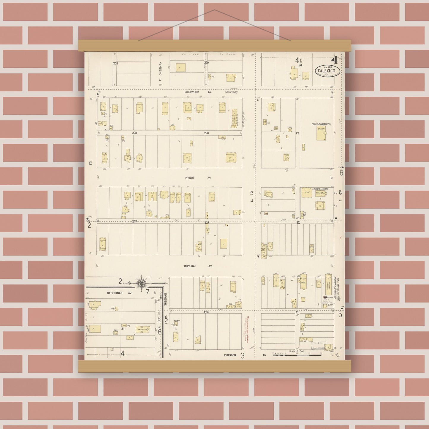 Old map wall art mockup — magnetic wood frame on brick wall — Sanborn Fire Insurance Map from Calexico, Imperial County, California (1916), Sheet #0004