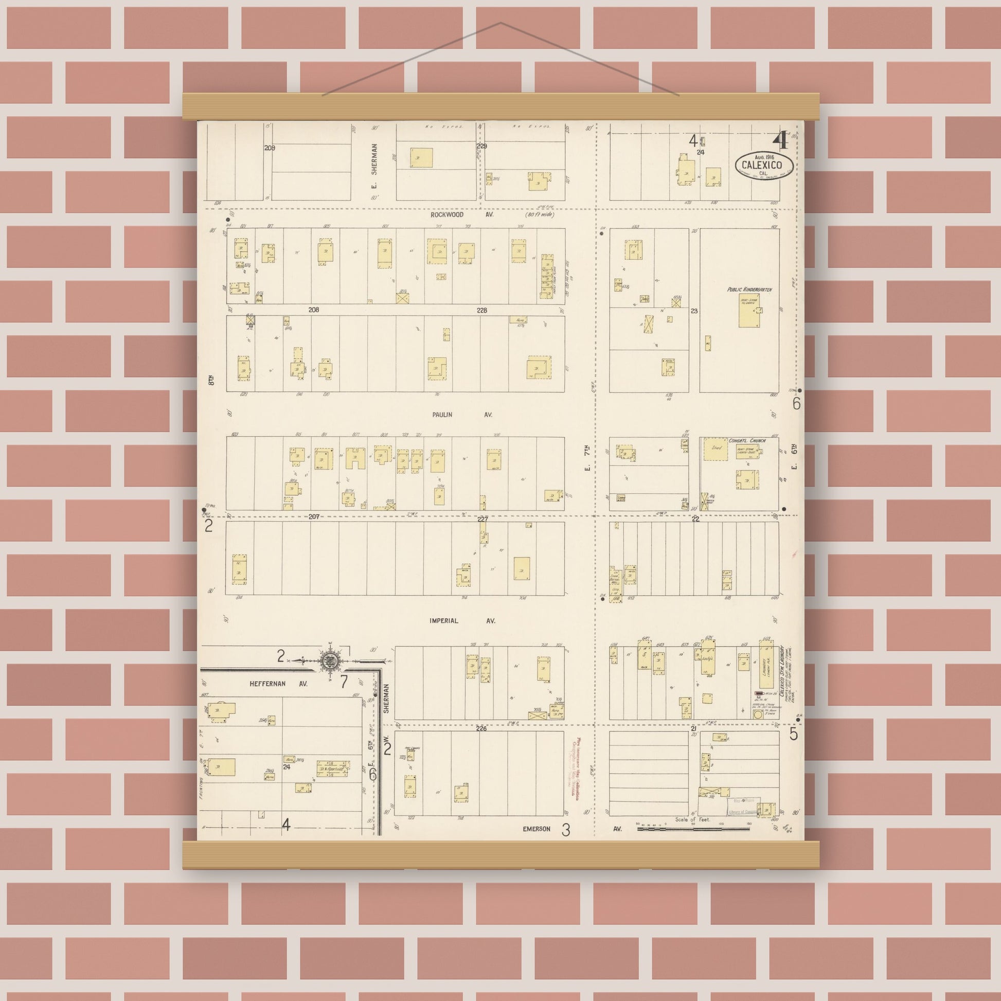 Old map wall art mockup — magnetic wood frame on brick wall — Sanborn Fire Insurance Map from Calexico, Imperial County, California (1916), Sheet #0004