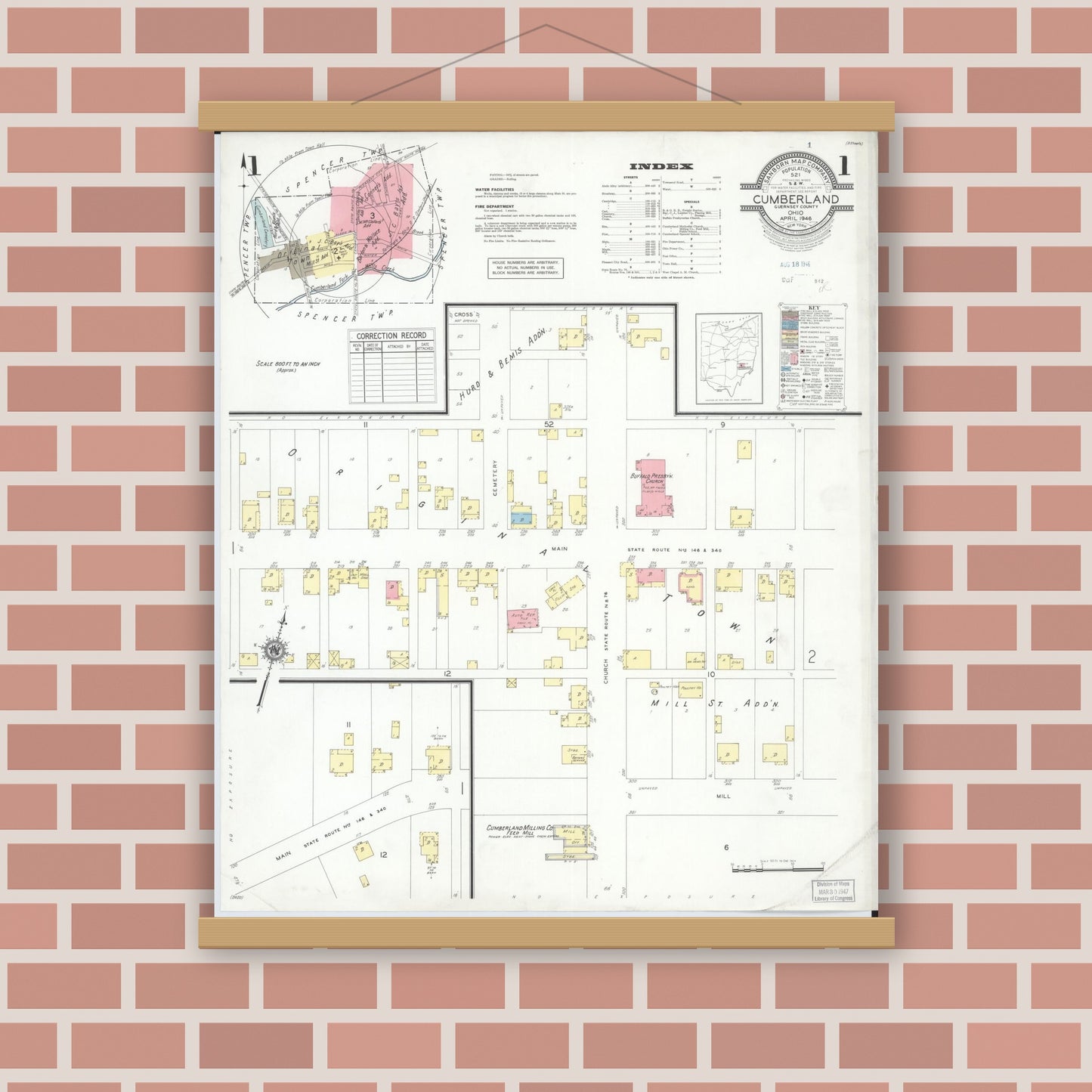 Old map wall art mockup — magnetic wood frame on brick wall — Sanborn Fire Insurance Map from Cumberland, Guernsey County, Ohio (1946) - Complete Map Set