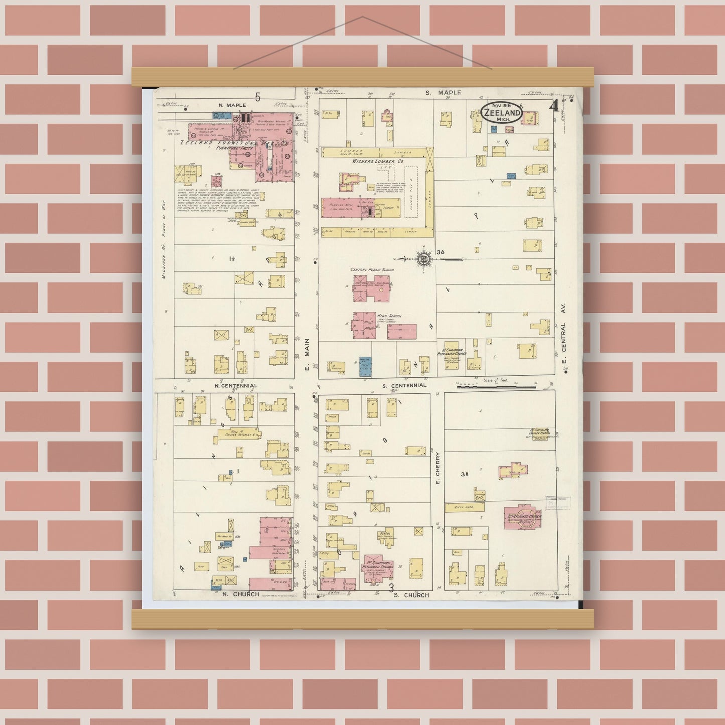 Old map wall art mockup — magnetic wood frame on brick wall — Sanborn Fire Insurance Map from Zeeland, Ottawa County, Michigan (1916), Sheet #0004