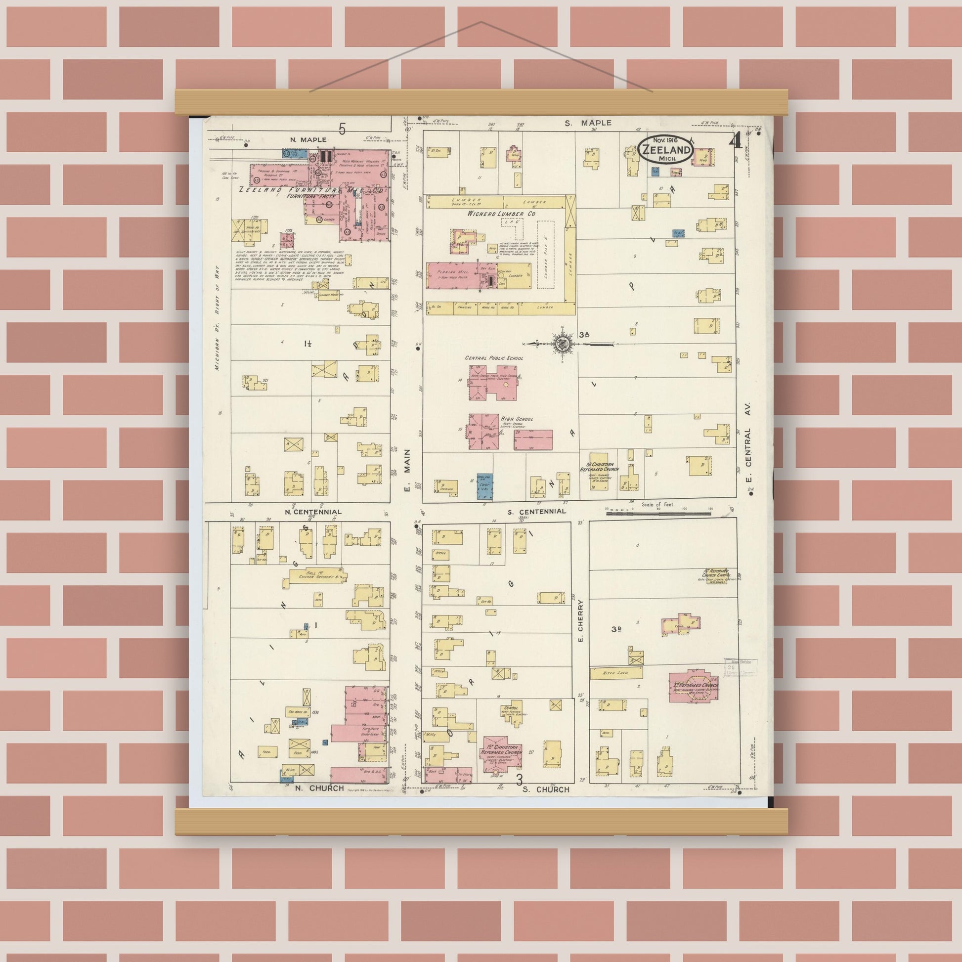 Old map wall art mockup — magnetic wood frame on brick wall — Sanborn Fire Insurance Map from Zeeland, Ottawa County, Michigan (1916), Sheet #0004