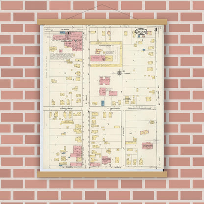Old map wall art mockup — magnetic wood frame on brick wall — Sanborn Fire Insurance Map from Zeeland, Ottawa County, Michigan (1916), Sheet #0004