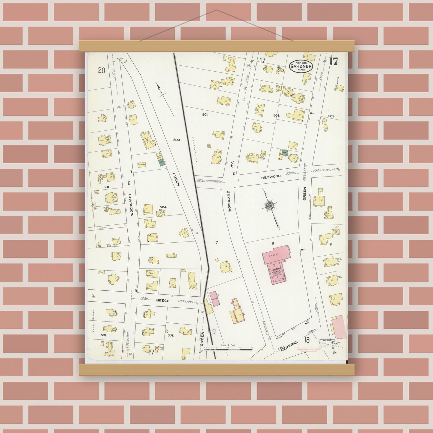 Old map wall art mockup — magnetic wood frame on brick wall — Sanborn Fire Insurance Map from Gardner, Worcester County, Massachusetts (1909), Sheet #0017