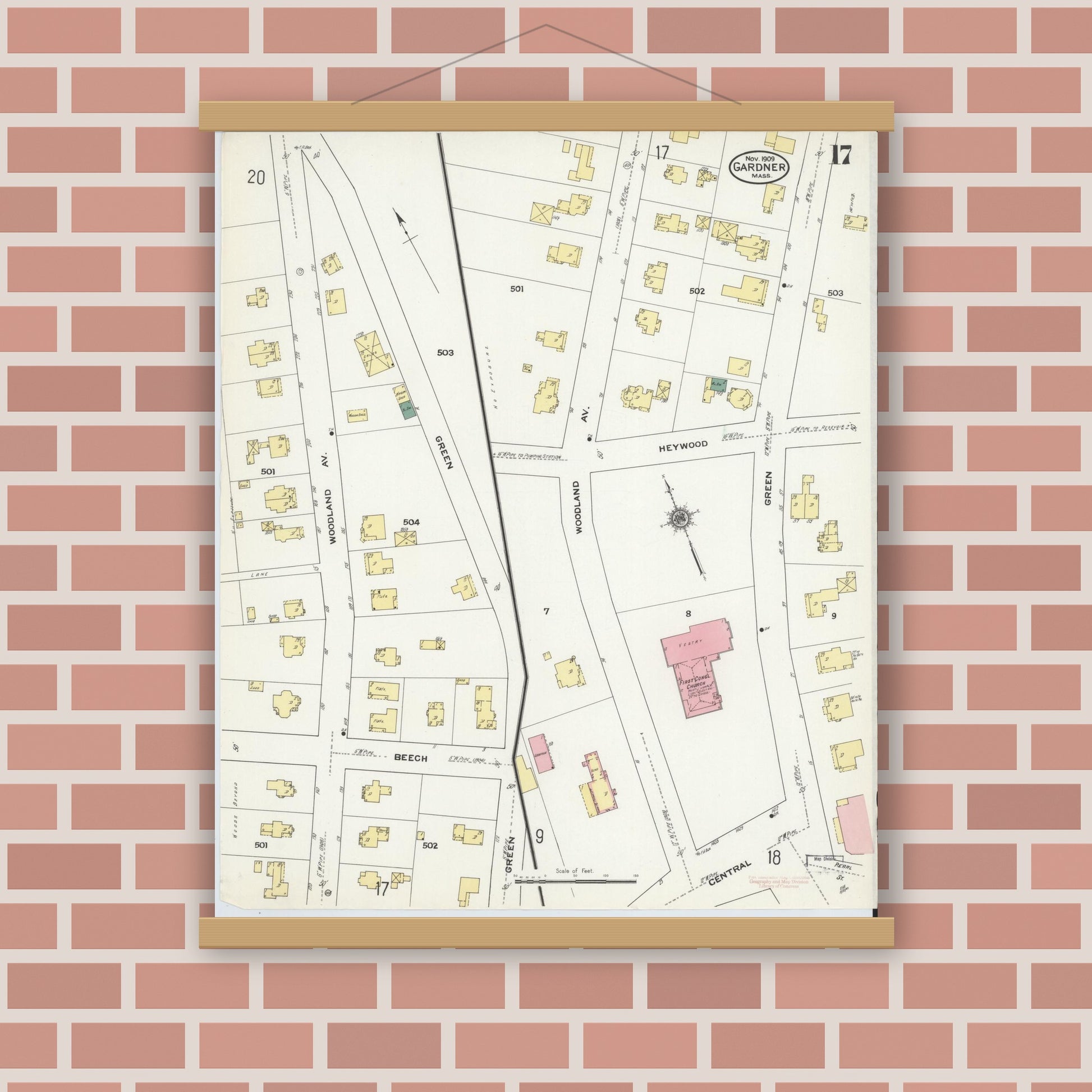 Old map wall art mockup — magnetic wood frame on brick wall — Sanborn Fire Insurance Map from Gardner, Worcester County, Massachusetts (1909), Sheet #0017