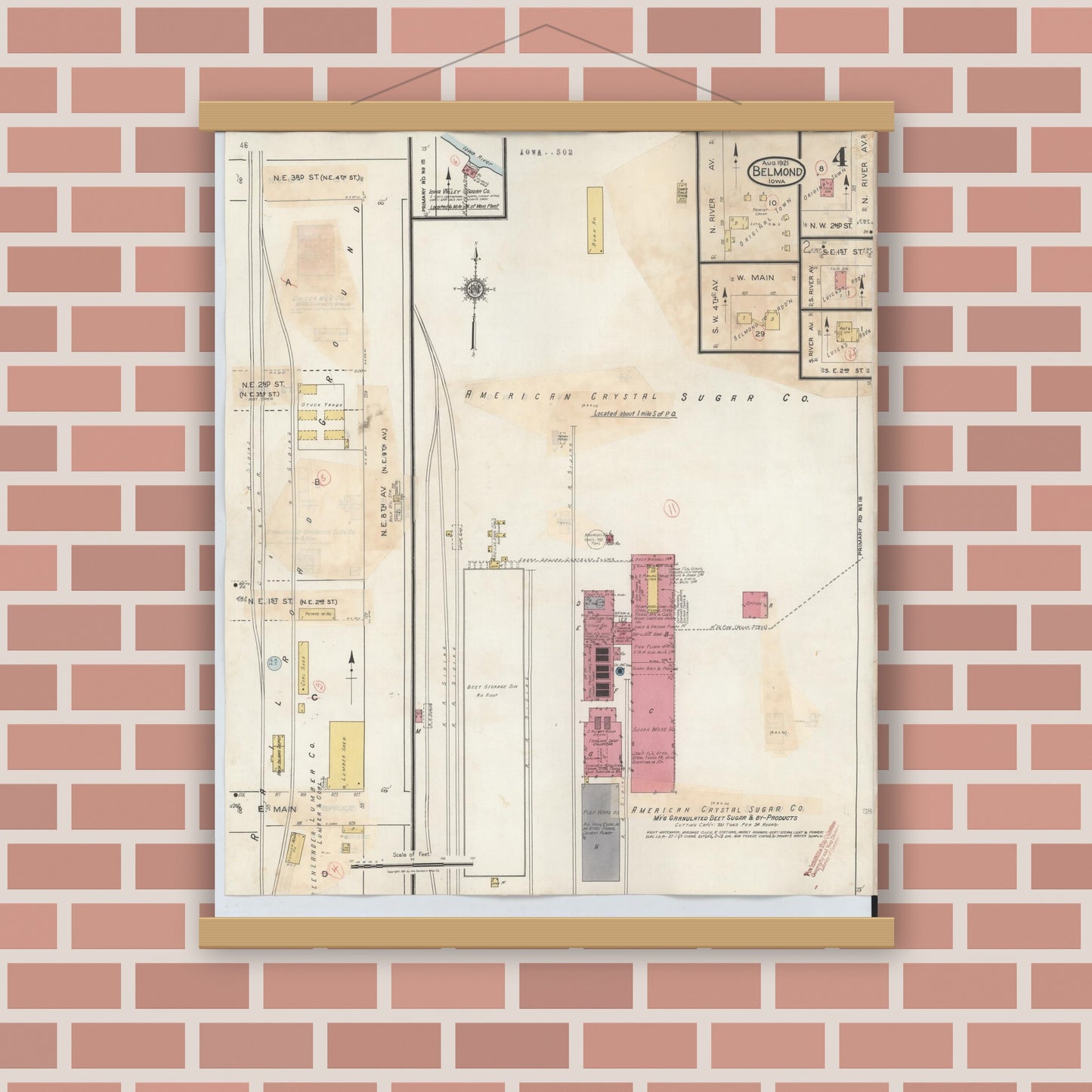 Old map wall art mockup — magnetic wood frame on brick wall — Sanborn Fire Insurance Map from Belmond, Wright County, Iowa (1939), Sheet #0004