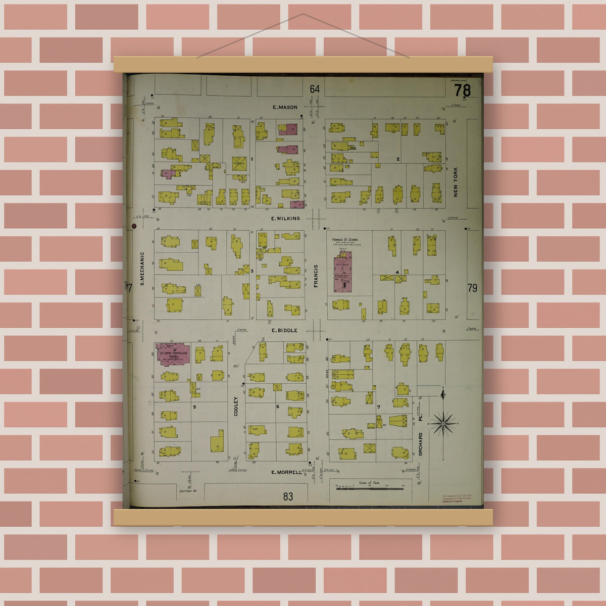 Old map wall art mockup — magnetic wood frame on brick wall — Sanborn Fire Insurance Map from Jackson, Jackson County, Michigan (1907), Sheet #0078