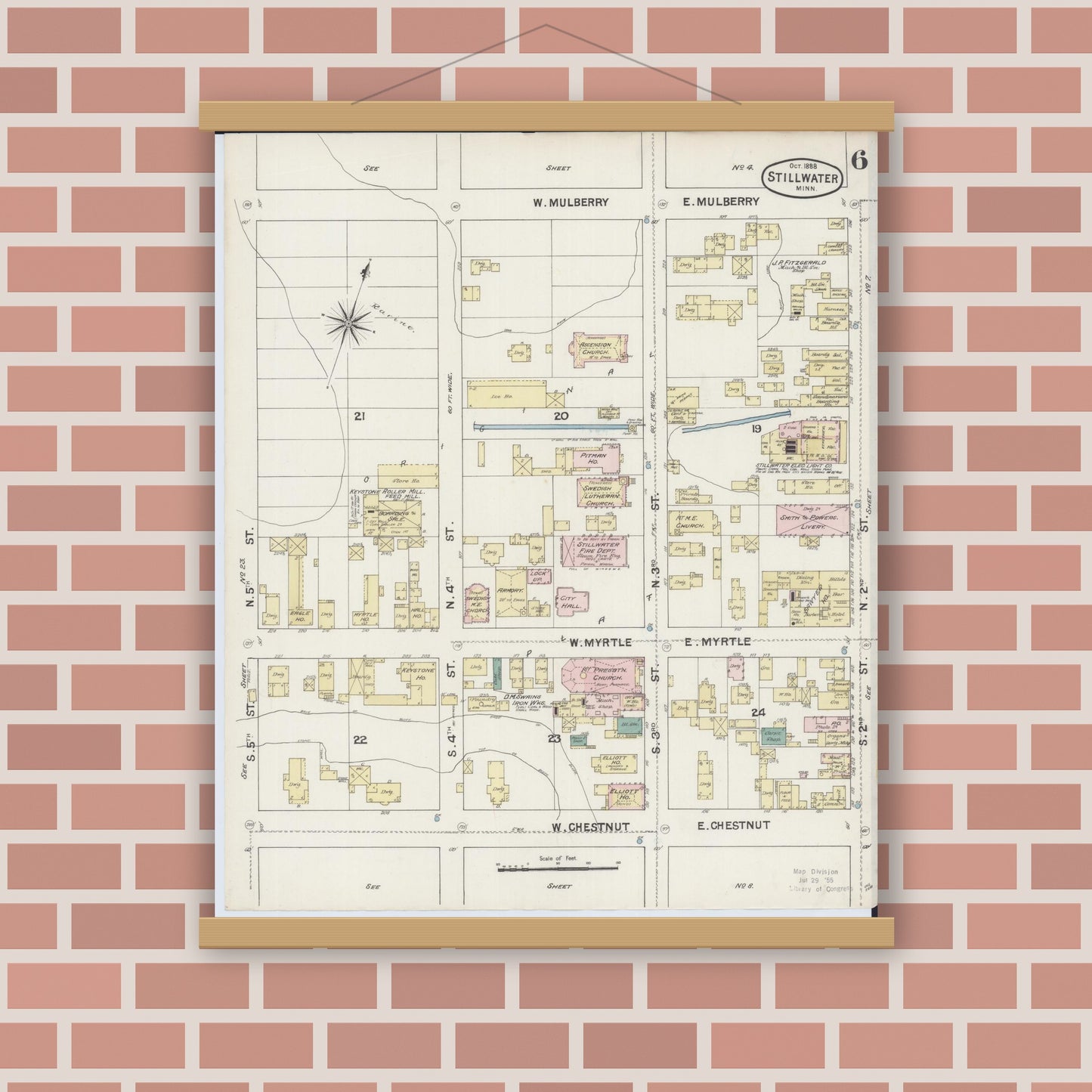 Old map wall art mockup — magnetic wood frame on brick wall — Sanborn Fire Insurance Map from Stillwater, Washington County, Minnesota (1888), Sheet #0006