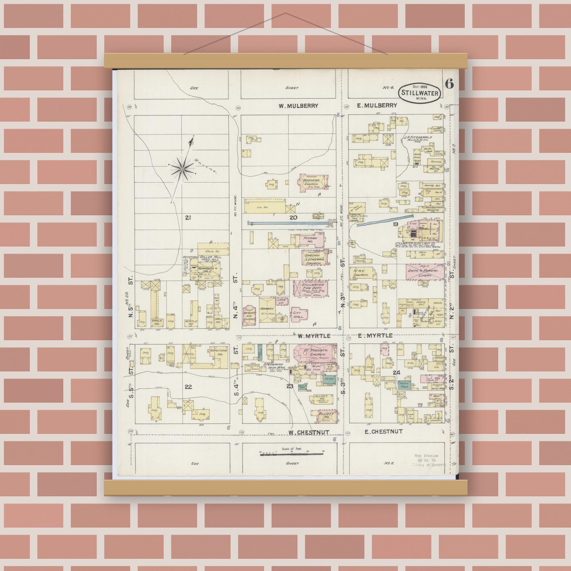 Old map wall art mockup — magnetic wood frame on brick wall — Sanborn Fire Insurance Map from Stillwater, Washington County, Minnesota (1888), Sheet #0006