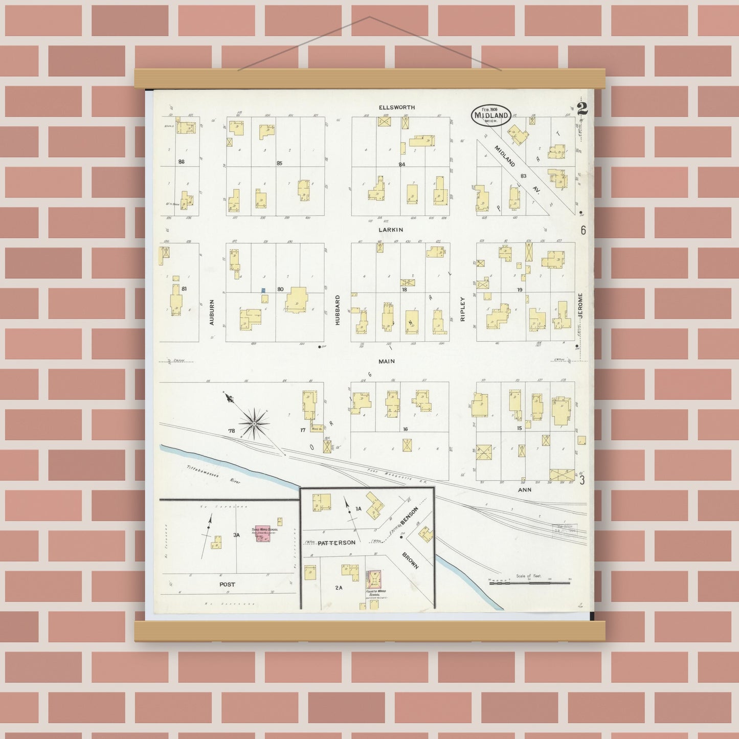 Old map wall art mockup — magnetic wood frame on brick wall — Sanborn Fire Insurance Map from Midland, Midland County, Michigan (1909), Sheet #0002