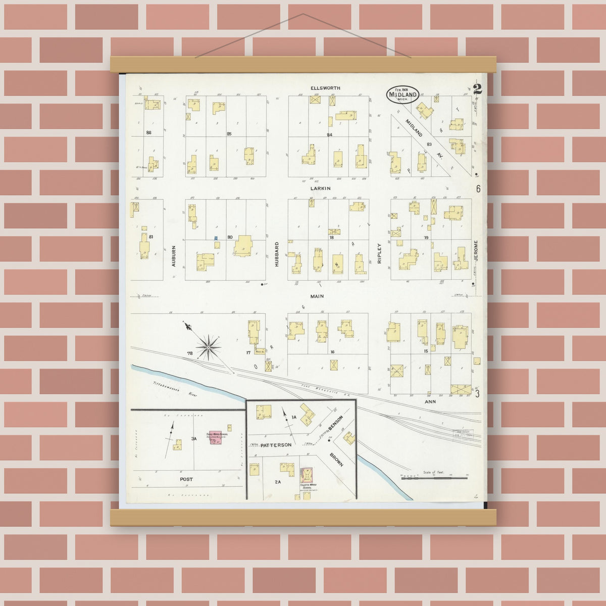 Old map wall art mockup — magnetic wood frame on brick wall — Sanborn Fire Insurance Map from Midland, Midland County, Michigan (1909), Sheet #0002