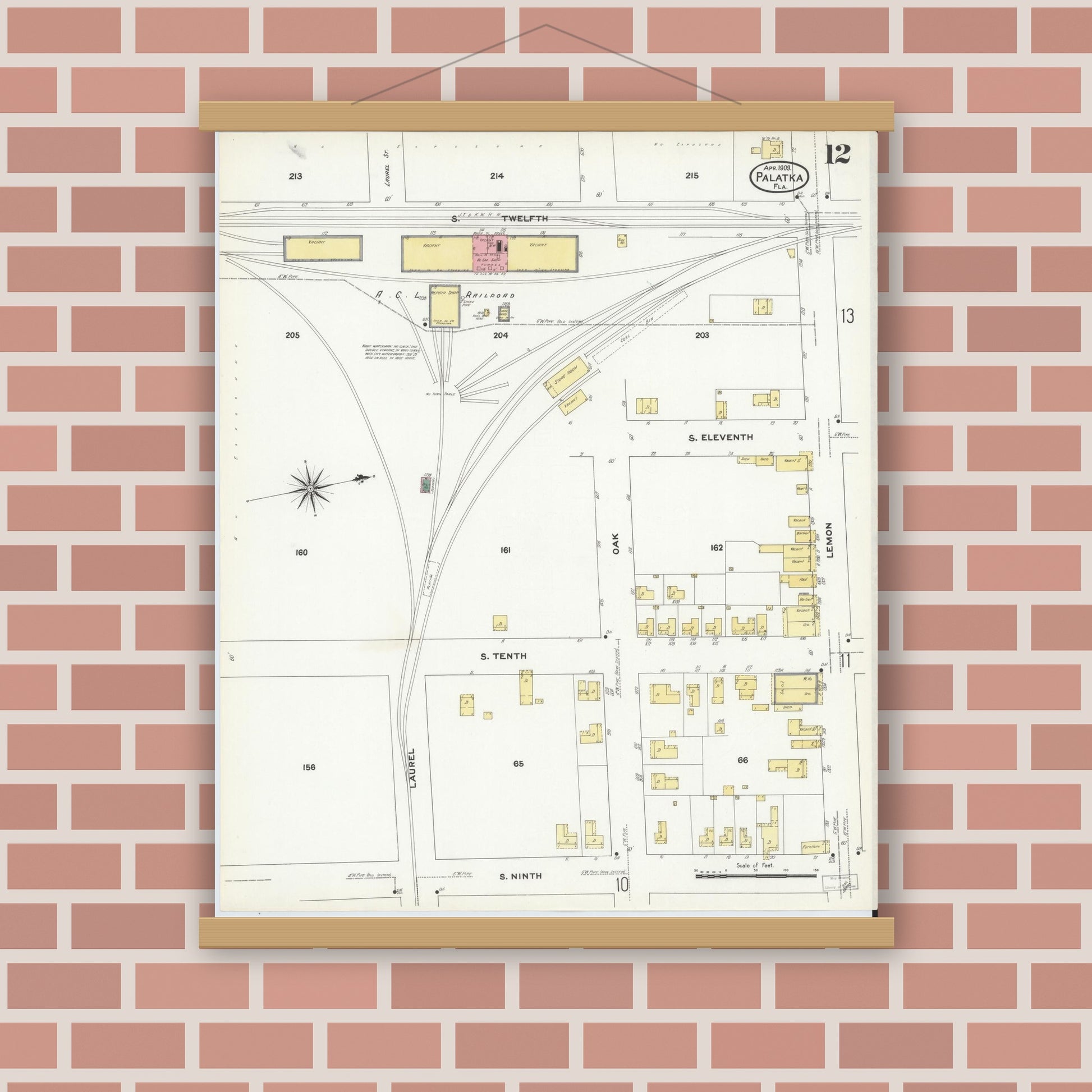 Old map wall art mockup — magnetic wood frame on brick wall — Sanborn Fire Insurance Map from Palatka, Putnam County, Florida (1909), Sheet #0012