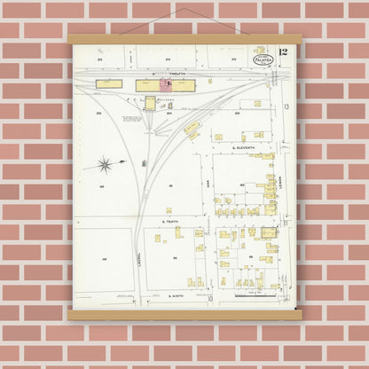 Old map wall art mockup — magnetic wood frame on brick wall — Sanborn Fire Insurance Map from Palatka, Putnam County, Florida (1909), Sheet #0012