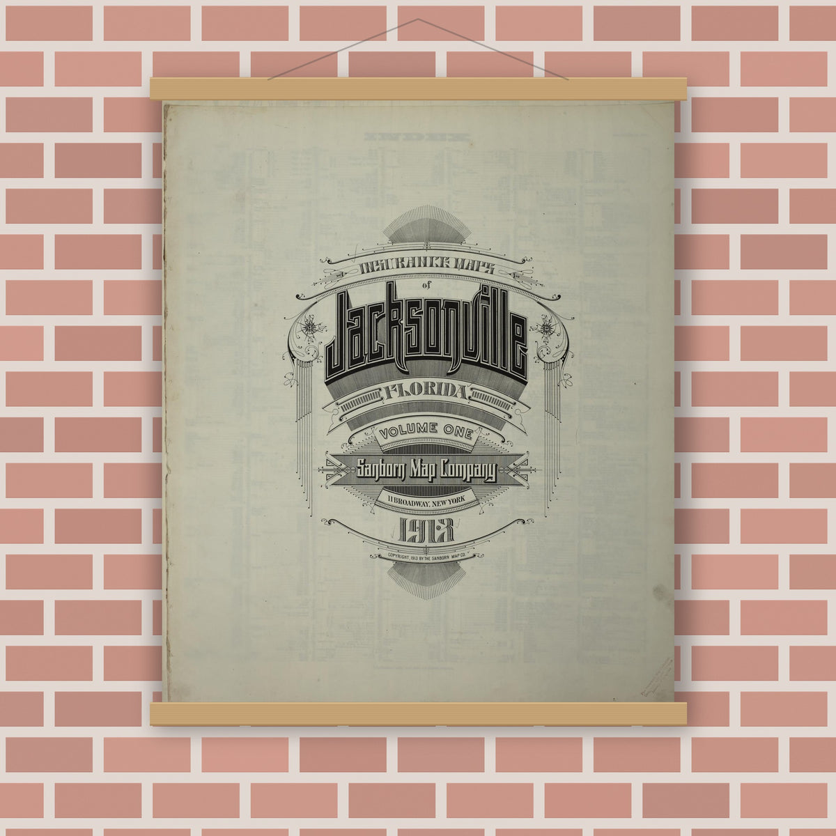 Old map wall art mockup — magnetic wood frame on brick wall — Sanborn Fire Insurance Map from Jacksonville, Duval County, Florida (1913), Sheet #0001