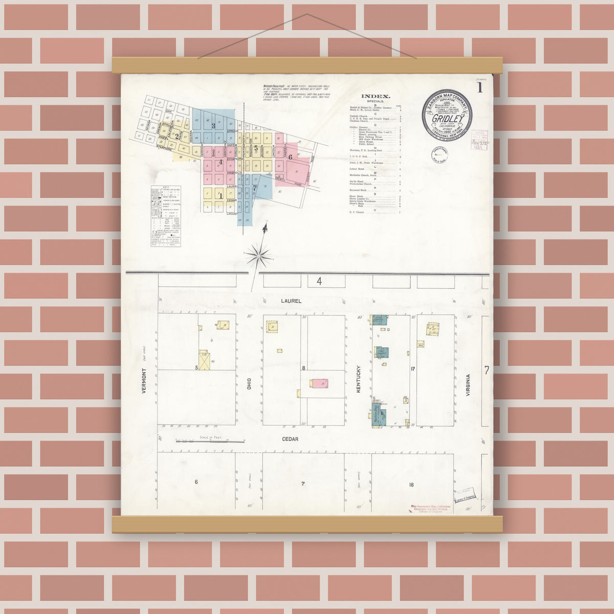 Old map wall art mockup — magnetic wood frame on brick wall — Sanborn Fire Insurance Map from Gridley, Butte County, California (1902) - Complete Map Set