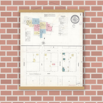 Old map wall art mockup — magnetic wood frame on brick wall — Sanborn Fire Insurance Map from Gridley, Butte County, California (1902) - Complete Map Set
