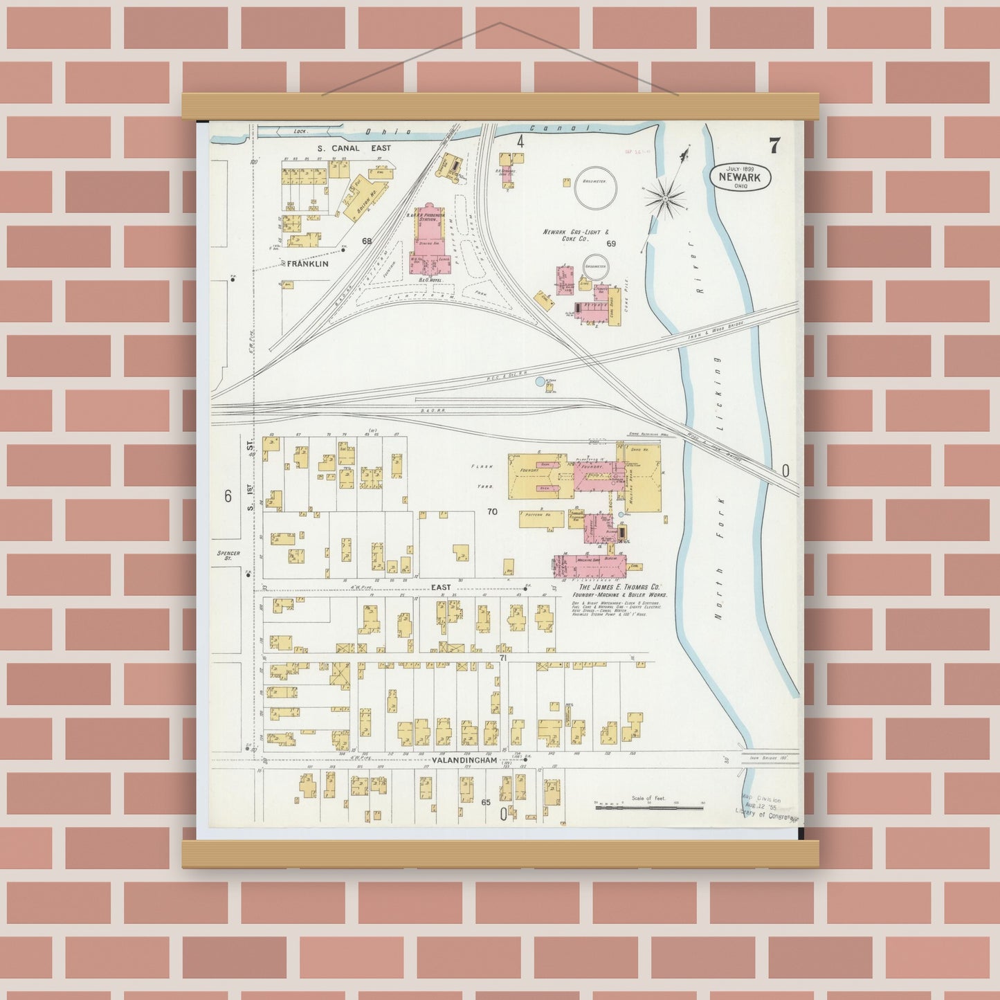 Old map wall art mockup — magnetic wood frame on brick wall — Sanborn Fire Insurance Map from Newark, Licking County, Ohio (1899), Sheet #0007