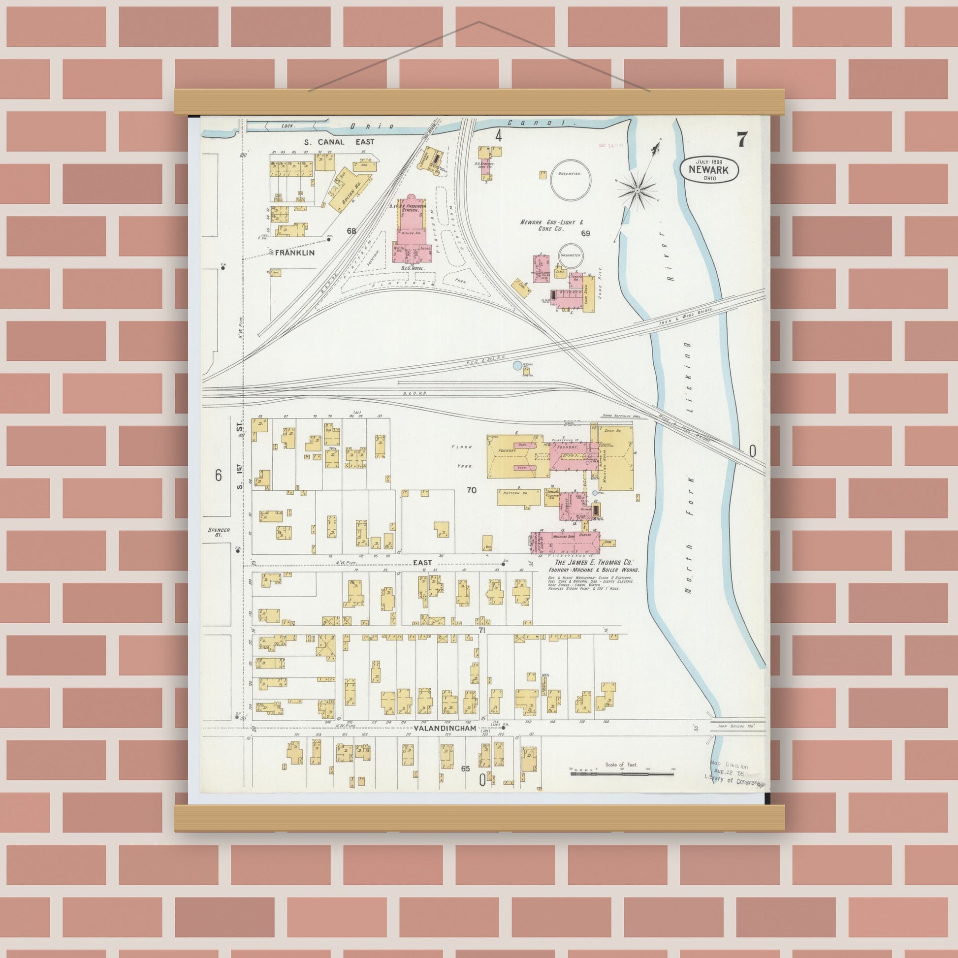 Old map wall art mockup — magnetic wood frame on brick wall — Sanborn Fire Insurance Map from Newark, Licking County, Ohio (1899), Sheet #0007