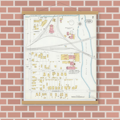 Old map wall art mockup — magnetic wood frame on brick wall — Sanborn Fire Insurance Map from Newark, Licking County, Ohio (1899), Sheet #0007
