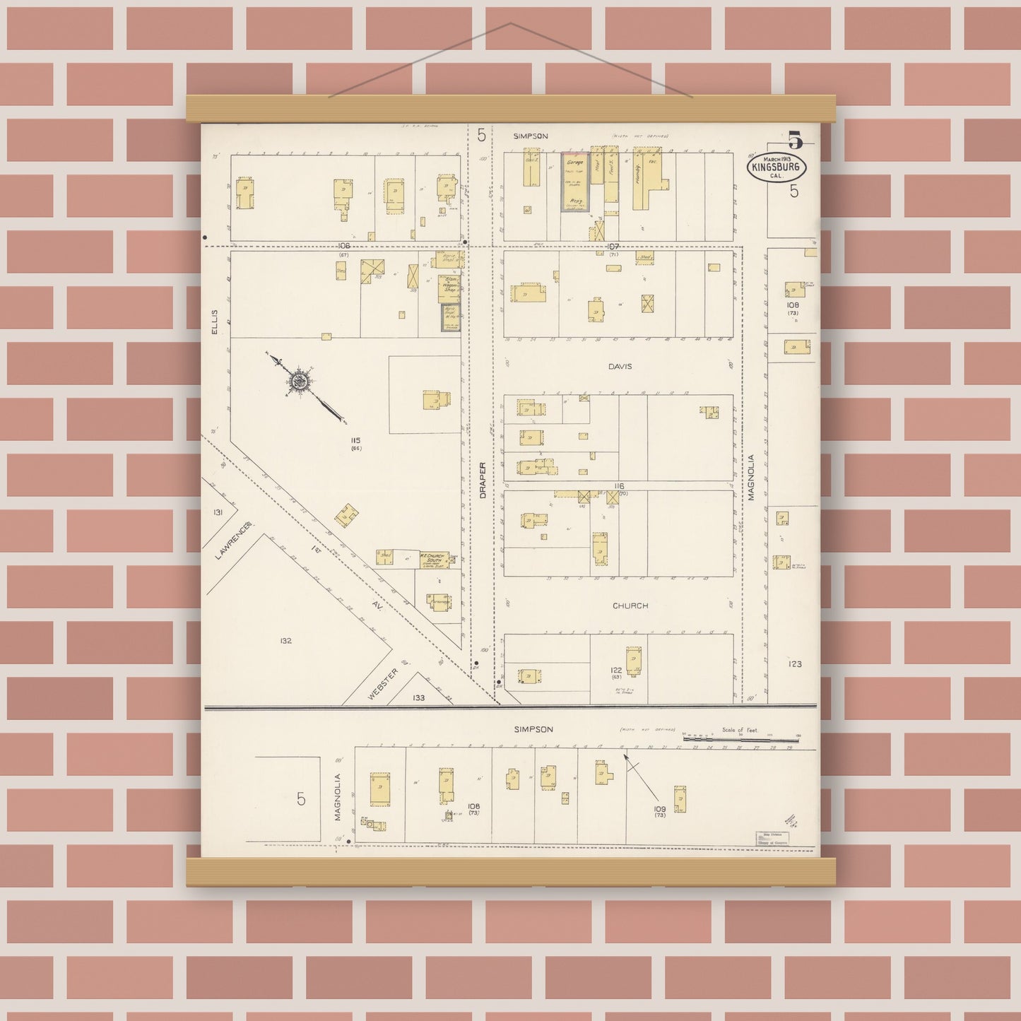 Old map wall art mockup — magnetic wood frame on brick wall — Sanborn Fire Insurance Map from Kingsburg, Fresno County, California (1913), Sheet #0005