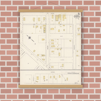 Old map wall art mockup — magnetic wood frame on brick wall — Sanborn Fire Insurance Map from Kingsburg, Fresno County, California (1913), Sheet #0005