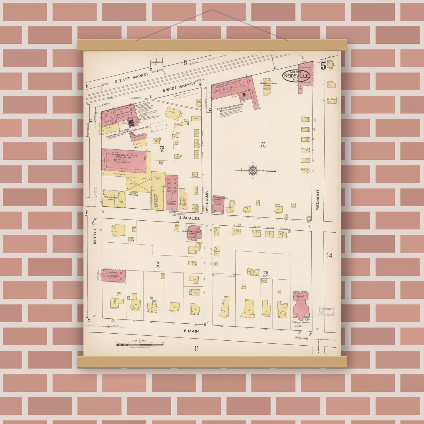 Old map wall art mockup — magnetic wood frame on brick wall — Sanborn Fire Insurance Map from Reidsville, Rockingham County, North Carolina (1922), Sheet #0005