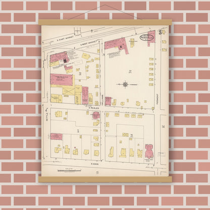 Old map wall art mockup — magnetic wood frame on brick wall — Sanborn Fire Insurance Map from Reidsville, Rockingham County, North Carolina (1922), Sheet #0005