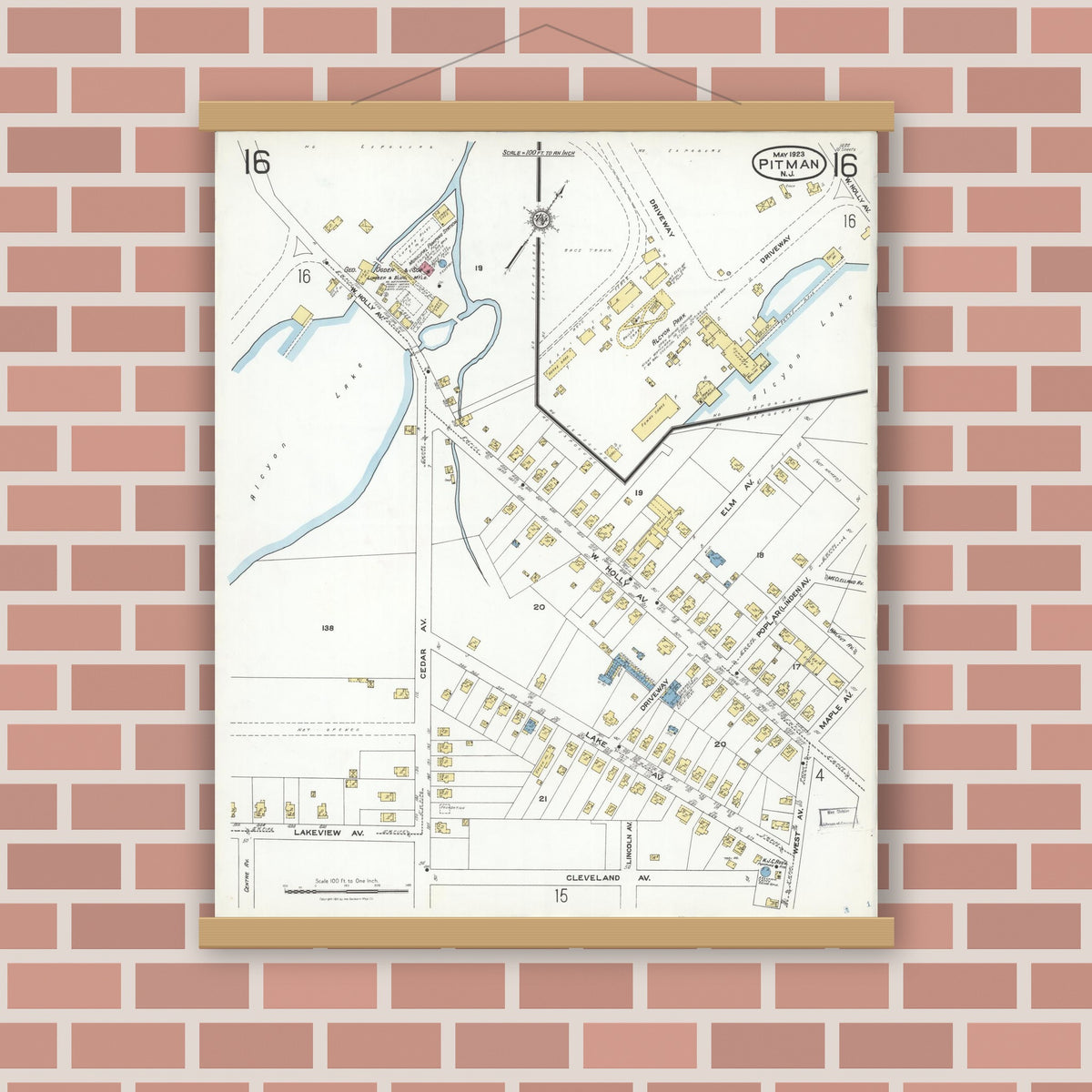 Old map wall art mockup — magnetic wood frame on brick wall — Sanborn Fire Insurance Map from Pitman, Gloucester County, New Jersey (1923), Sheet #0016