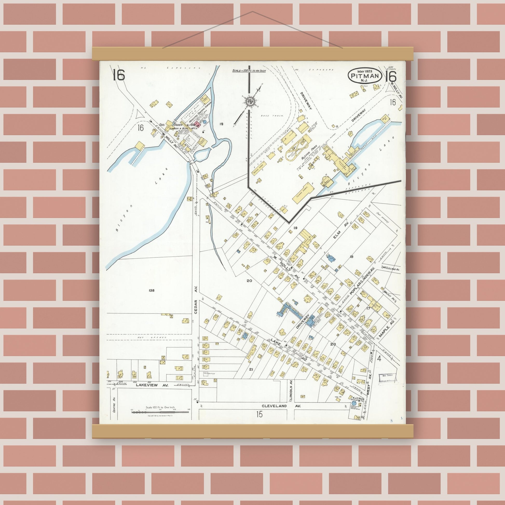 Old map wall art mockup — magnetic wood frame on brick wall — Sanborn Fire Insurance Map from Pitman, Gloucester County, New Jersey (1923), Sheet #0016