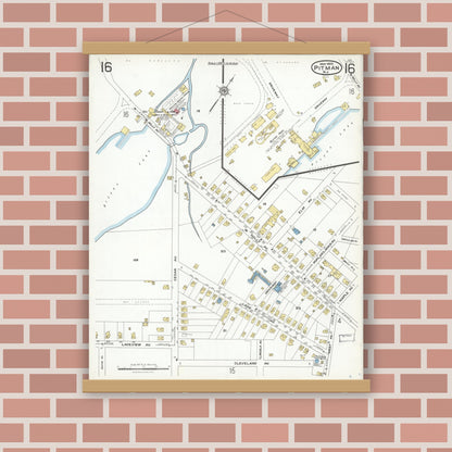 Old map wall art mockup — magnetic wood frame on brick wall — Sanborn Fire Insurance Map from Pitman, Gloucester County, New Jersey (1923), Sheet #0016