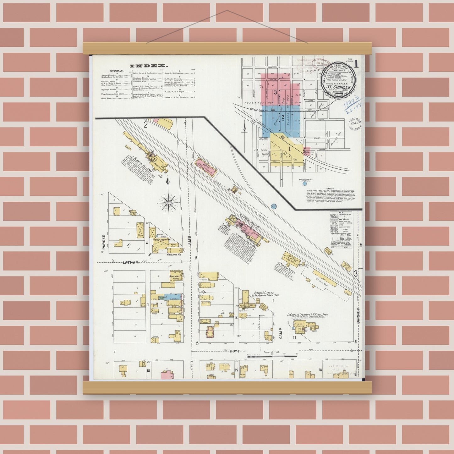 Old map wall art mockup — magnetic wood frame on brick wall — Sanborn Fire Insurance Map from Saint Charles, Winona County, Minnesota (1899) - Complete Map Set