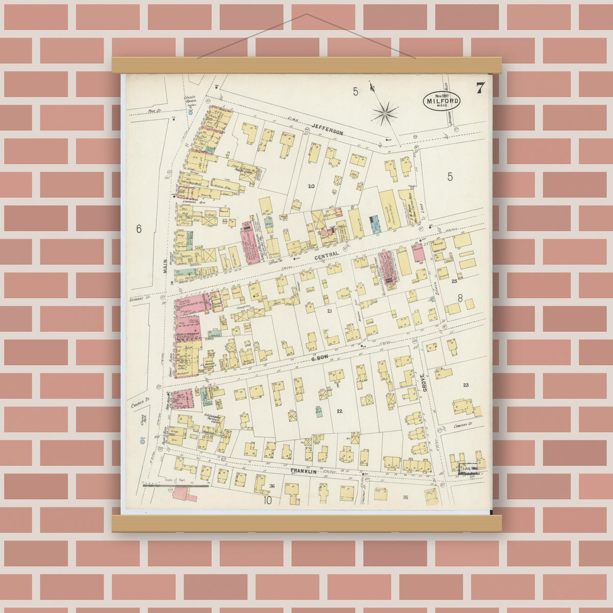 Old map wall art mockup — magnetic wood frame on brick wall — Sanborn Fire Insurance Map from Milford, Worcester County, Massachusetts (1897), Sheet #0007
