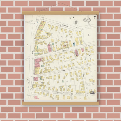 Old map wall art mockup — magnetic wood frame on brick wall — Sanborn Fire Insurance Map from Milford, Worcester County, Massachusetts (1897), Sheet #0007