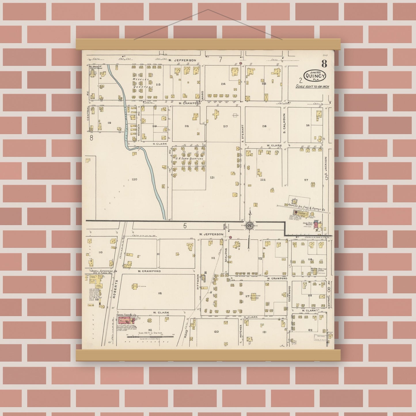 Old map wall art mockup — magnetic wood frame on brick wall — Sanborn Fire Insurance Map from Quincy, Gadsden County, Florida (1922), Sheet #0008
