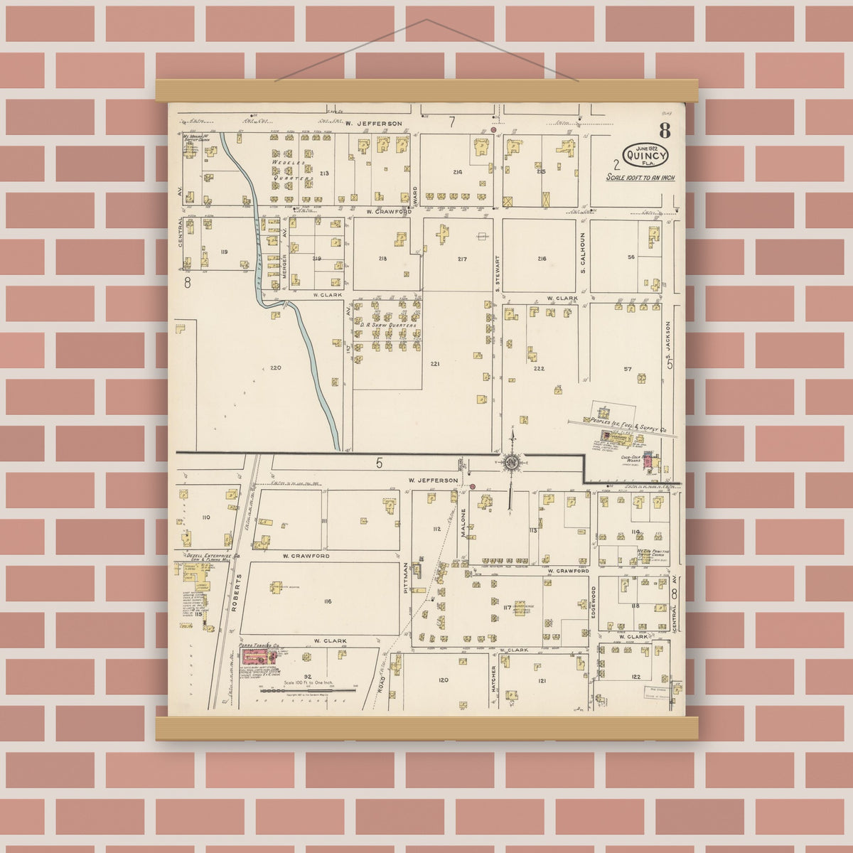 Old map wall art mockup — magnetic wood frame on brick wall — Sanborn Fire Insurance Map from Quincy, Gadsden County, Florida (1922), Sheet #0008
