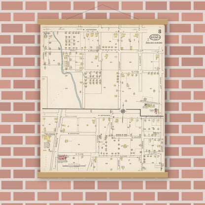 Old map wall art mockup — magnetic wood frame on brick wall — Sanborn Fire Insurance Map from Quincy, Gadsden County, Florida (1922), Sheet #0008