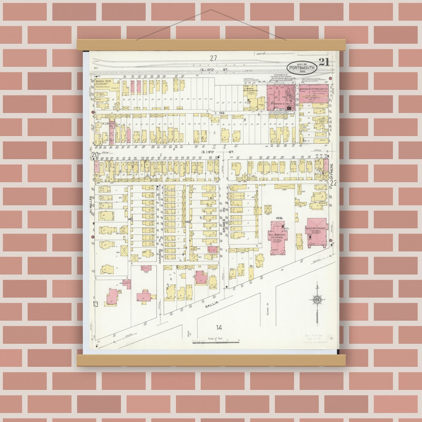 Old map wall art mockup — magnetic wood frame on brick wall — Sanborn Fire Insurance Map from Portsmouth, Scioto County, Ohio (1911), Sheet #0021