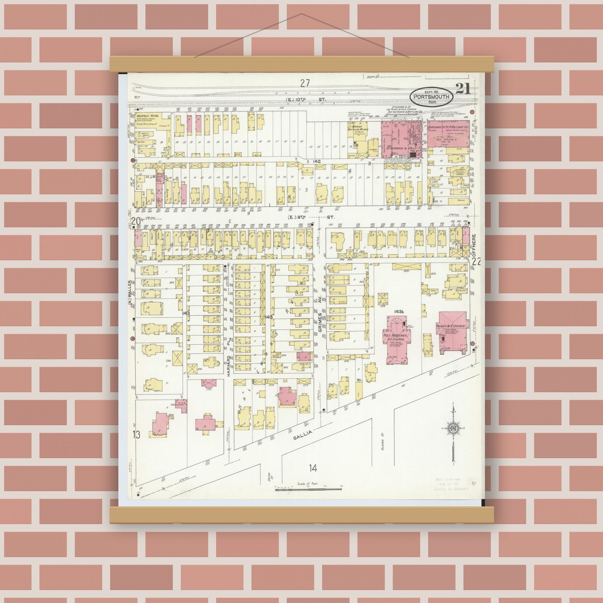 Old map wall art mockup — magnetic wood frame on brick wall — Sanborn Fire Insurance Map from Portsmouth, Scioto County, Ohio (1911), Sheet #0021