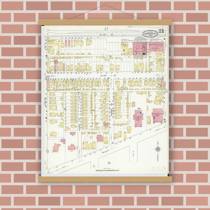Old map wall art mockup — magnetic wood frame on brick wall — Sanborn Fire Insurance Map from Portsmouth, Scioto County, Ohio (1911), Sheet #0021
