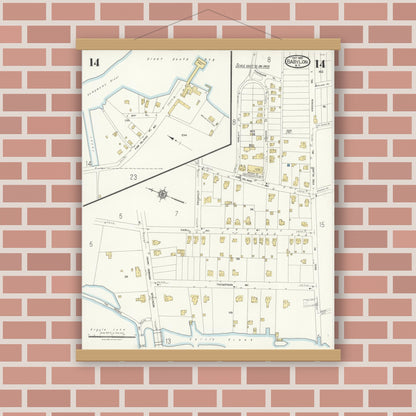 Old map wall art mockup — magnetic wood frame on brick wall — Sanborn Fire Insurance Map from Babylon, Suffolk County, New York (1923), Sheet #0014