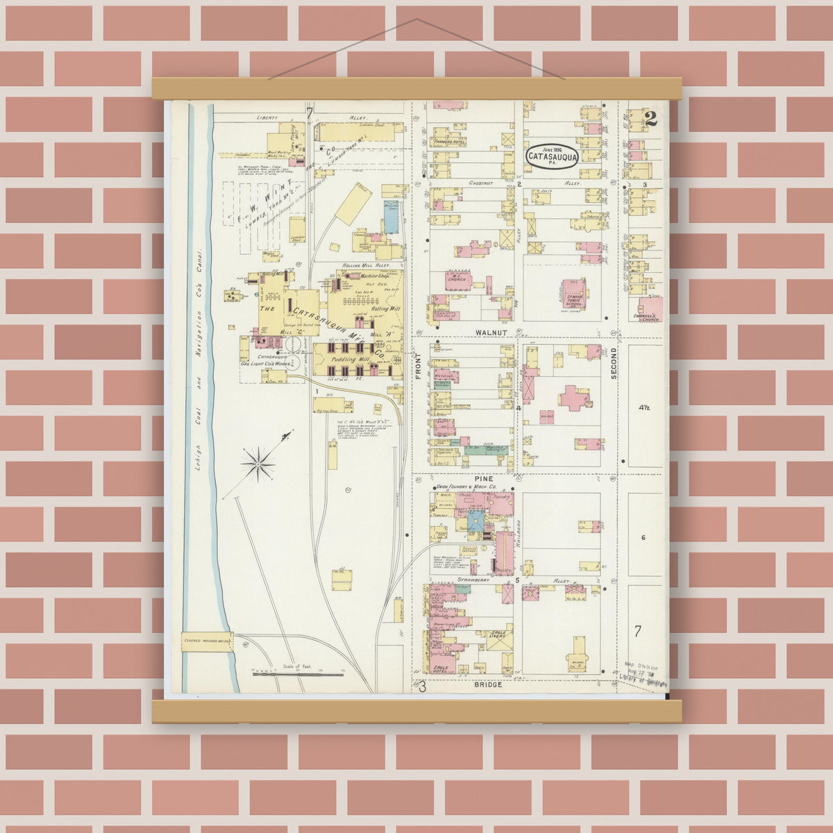 Old map wall art mockup — magnetic wood frame on brick wall — Sanborn Fire Insurance Map from Catasauqua, Lehigh County, Pennsylvania (1896), Sheet #0002