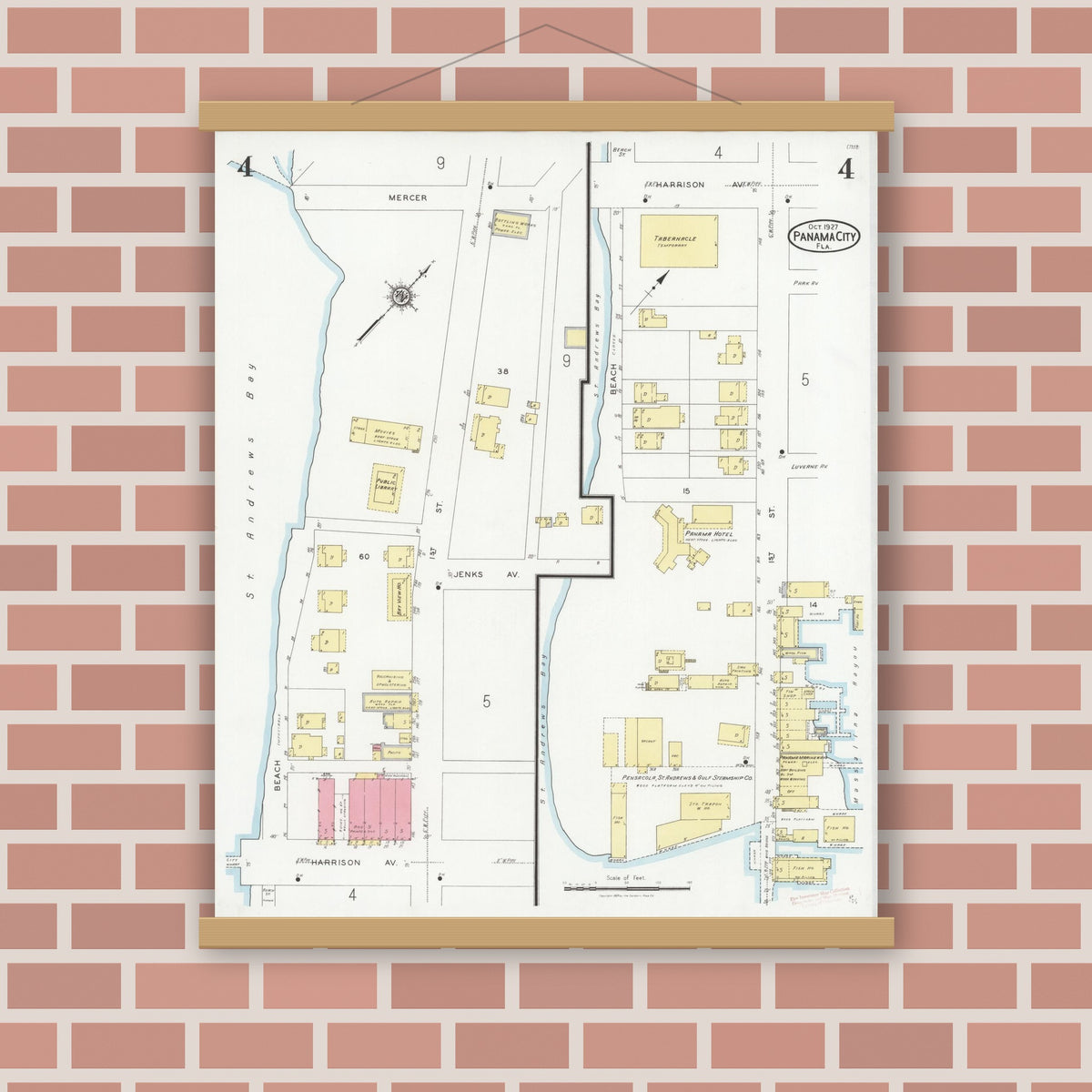 Old map wall art mockup — magnetic wood frame on brick wall — Sanborn Fire Insurance Map from Panama City, Bay County, Florida (1927), Sheet #0004