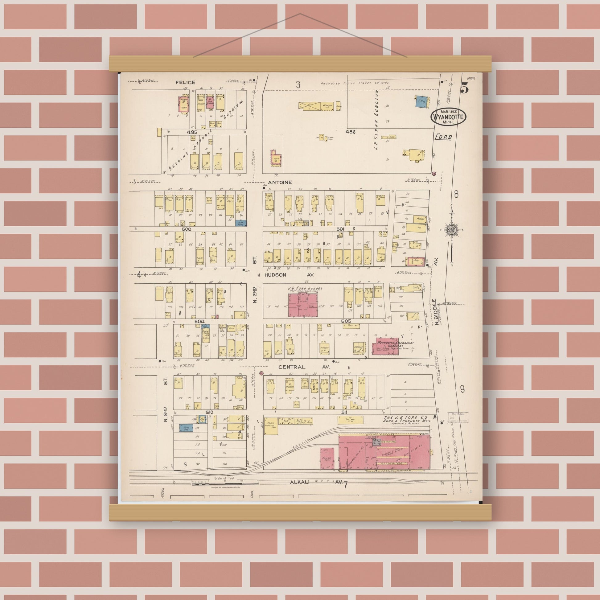 Old map wall art mockup — magnetic wood frame on brick wall — Sanborn Fire Insurance Map from Wyandotte, Wayne County, Michigan (1922), Sheet #0005
