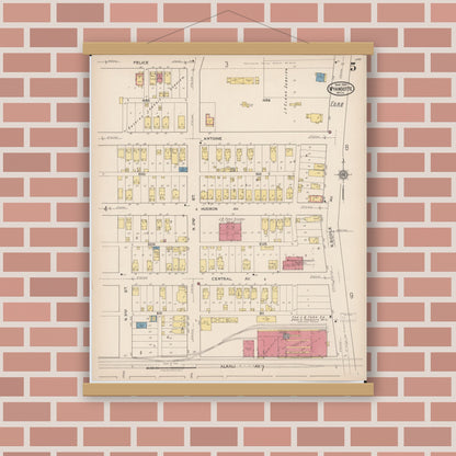 Old map wall art mockup — magnetic wood frame on brick wall — Sanborn Fire Insurance Map from Wyandotte, Wayne County, Michigan (1922), Sheet #0005