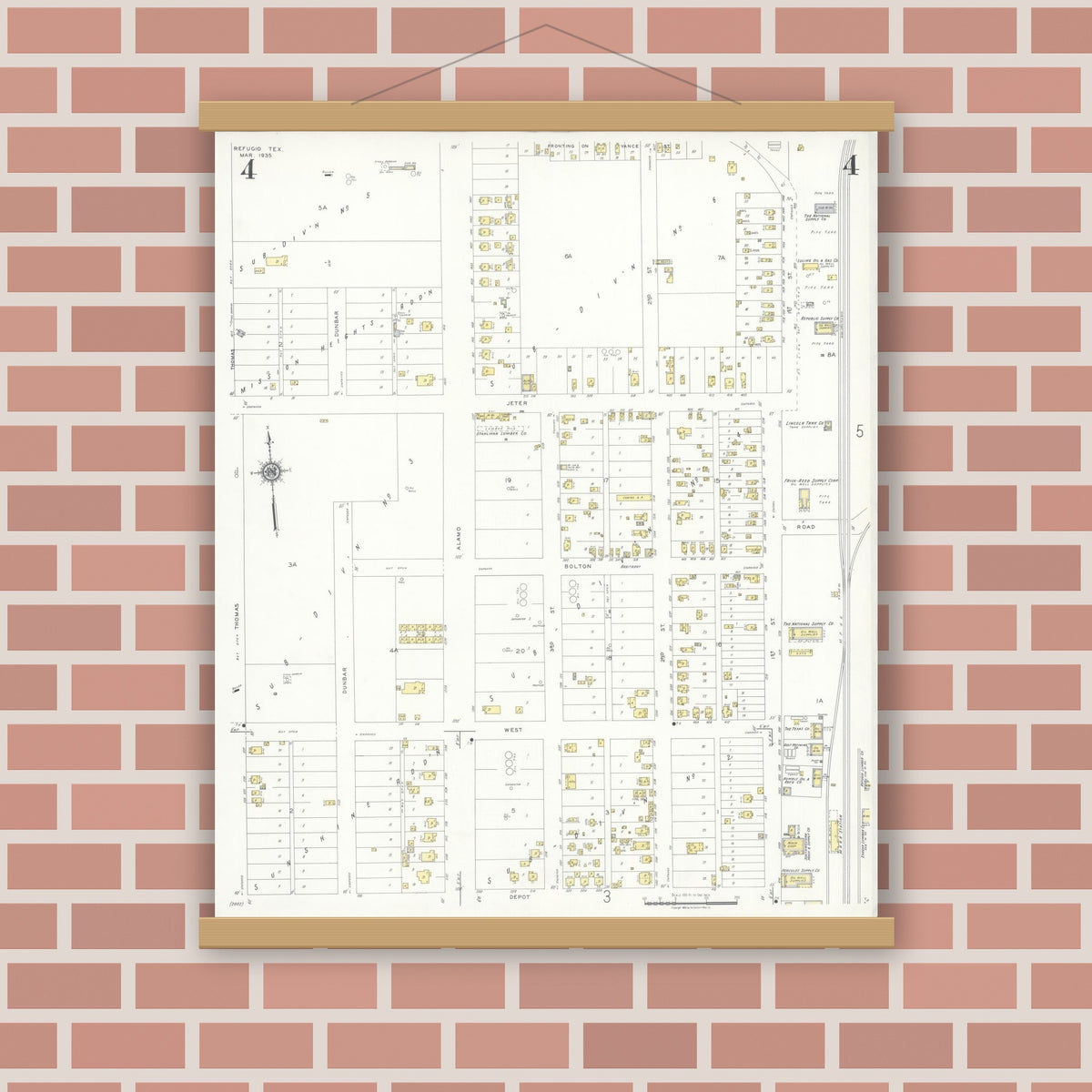 Old map wall art mockup — magnetic wood frame on brick wall — Sanborn Fire Insurance Map from Refugio, Refugio County, Texas (1935), Sheet #0004