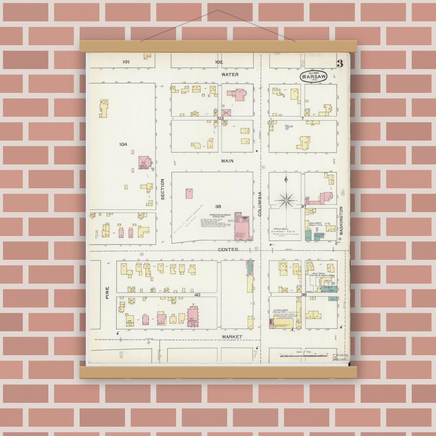 Old map wall art mockup — magnetic wood frame on brick wall — Sanborn Fire Insurance Map from Warsaw, Kosciusko County, Indiana (1892), Sheet #0003